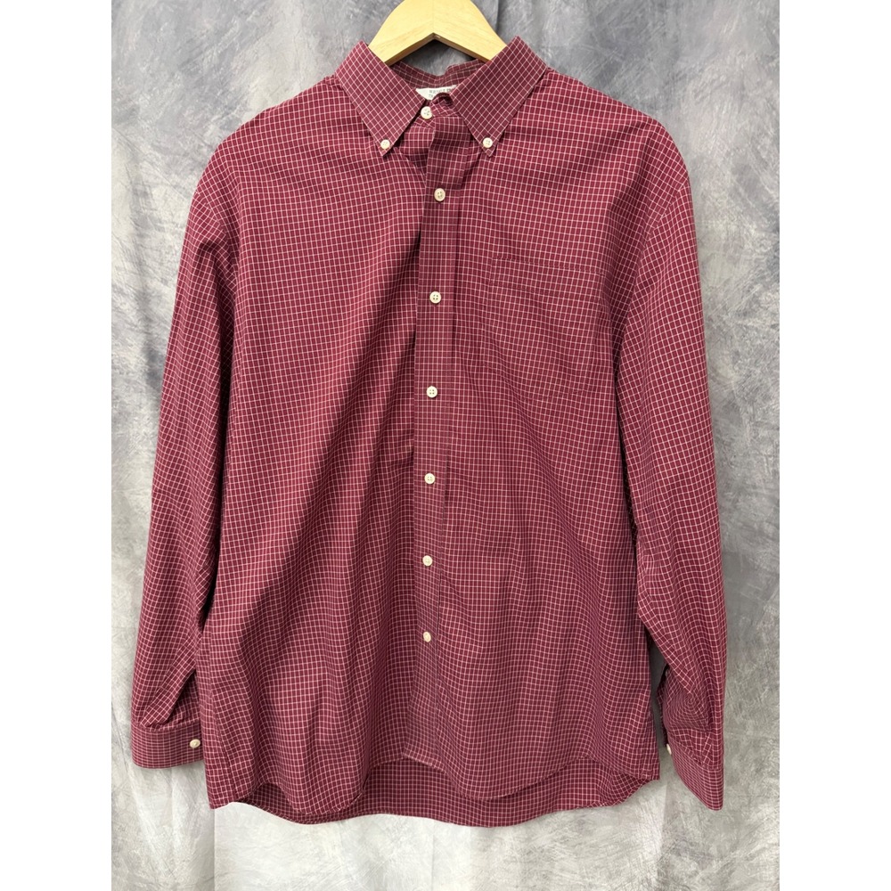 LL Bean Mens Large Wrinkle Free Traditional Fit Button Down Shirt Burgundy Grid